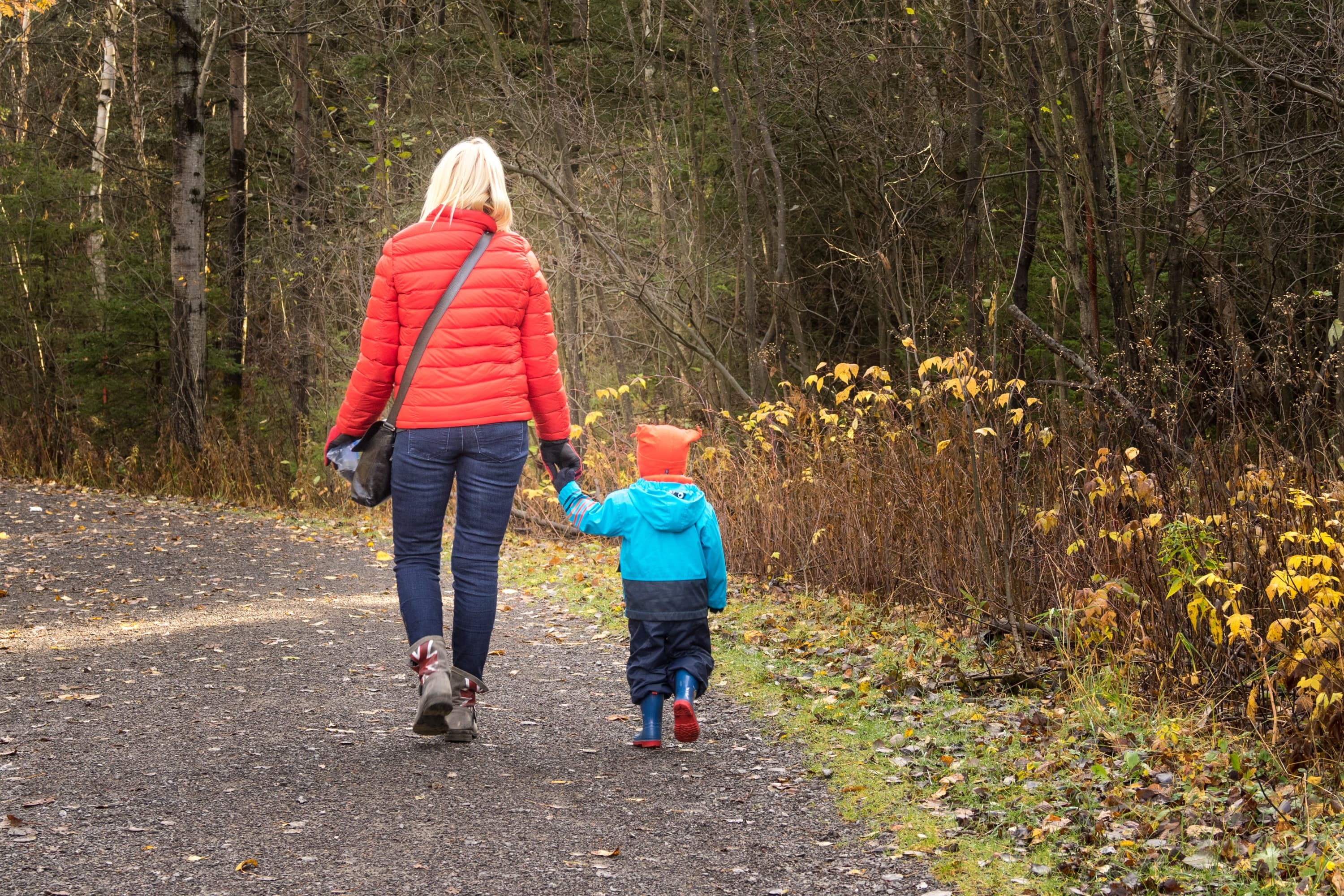 A woman and a child walking together down a road