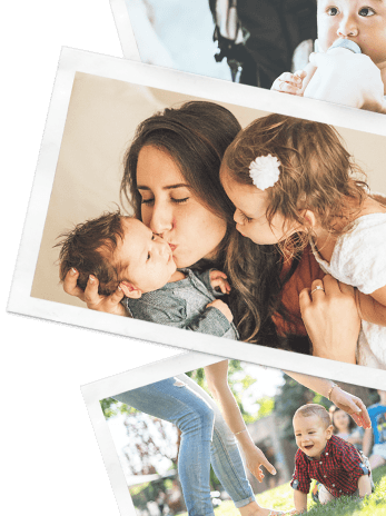 Photos scattered, facing up, depicting various photos of young kids and nannies